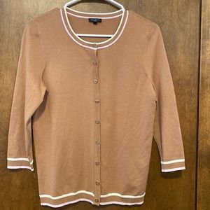 TALBOTS soft tan brown cardigan with ivory and pink trim. NWOT! Size US medium.